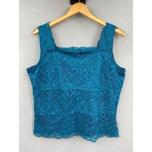 Vintage Lace Tank Top Womens XL Teal Blue Floral Sleeveless Square Neck Y2K 90s